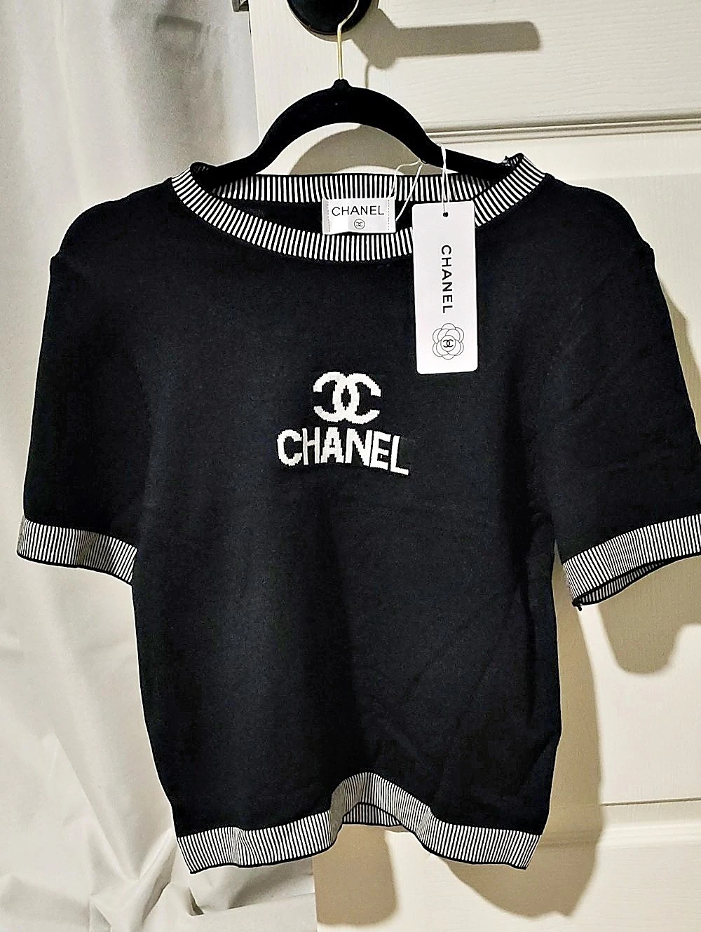 Chanel Black & White Striped Trim Logo Tee NWT